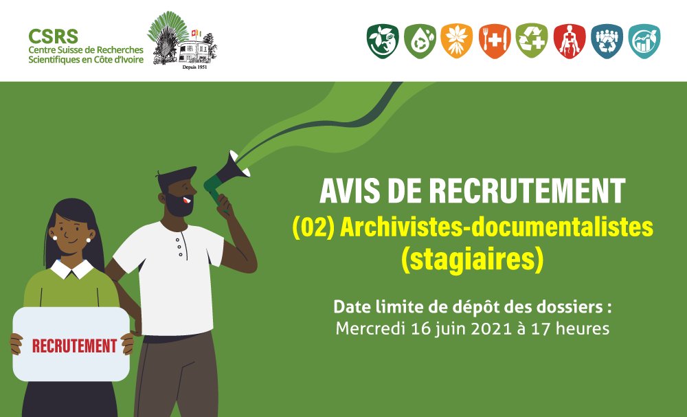 CSRS_CIV's tweet photo. Le Centre Suisse de Recherches Scientifiques en Côte d'Ivoire (CSRS), actif depuis 1951 dans le
domaine de la recherche pour le développement durable recherche deux (02) Archivistes-documentalistes pour un stage.
POUR POSTULER 👇
https://t.co/5HPTSCpbl0 https://t.co/Wip14pvLSl