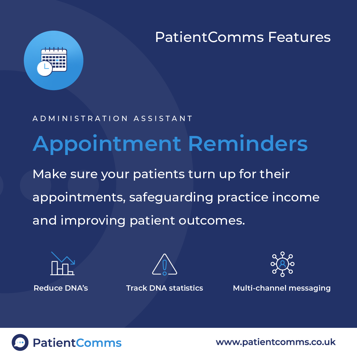 PatientComms's tweet photo. Reduce DNA’s - our reminder  tools you can create personalised reminders and appointment confirmations to reduce your DNA) rate. Track stats, identify groups who are a high risk of non attendance &amp; understand the effectiveness of  your reminder schedules. Call on 01943 858388 https://t.co/uHXb3qO7no