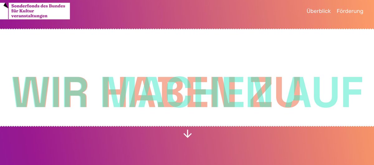 Der Sonderfonds zur Unterstützung von Kulturveranstaltungen steht in den Startlöchern:

⏩2,5 Milliarden € für Konzerte, Tanz, Theater, Lesungen, Ausstellungen usw.
⏩als Wirtschaftlichkeitshilfe &amp; Ausfallabsicherung
⏩Registrierung ab 15. Juni

sonderfonds-kulturveranstaltungen.de/index.html