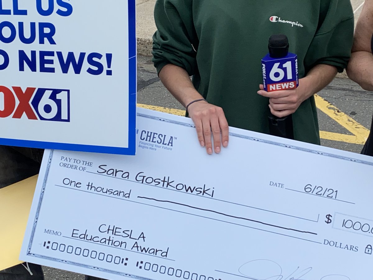 Congrats to Cromwell High School Senior, Sara Gostkowski who won our $1,000 #CHESLA <a href="/FOX61News/">FOX61</a> Student News Award for her story on college admissions! Sara is heading to <a href="/PaceUniversity/">Pace University</a> to study communications in the fall! <a href="/bigyfoods/">Big Y Your Family Market</a>