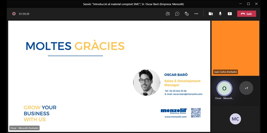 mastermmsudg's tweet photo. We are grateful to Oscar Baró from Menzolit for his complete and interesting talk about SMC composites! #màstersUdG @PatronatEPS @UdGPolitecnica @udgmasters @campuscomposits https://t.co/tXIQr5kqLw