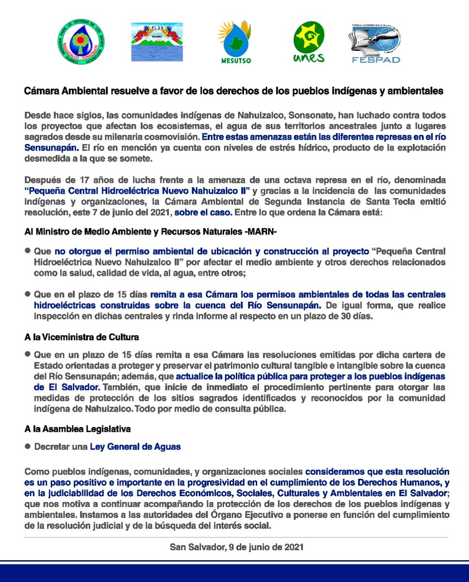 Cámara Ambiental resuelve a favor de los derechos de los pueblos indígenas y ambientales.

#LaOctavaNoVa

<a href="/Teleprensa33/">Teleprensa</a> <a href="/GatoEncerradoSV/">Revista GatoEncerrado</a> <a href="/RevistaFactum/">Factum</a> <a href="/ysuca91siete/">Radio YSUCA 91.7 FM</a> <a href="/NoticieroHechos/">Noticiero Hechos 📱💬</a> <a href="/focostv/">FOCOS</a> <a href="/prensagrafica/">La Prensa Gráfica</a> <a href="/elsalvadorcom/">elsalvador.com</a> <a href="/ElMundoSV/">Diario El Mundo</a> <a href="/DiarioCoLatino/">Diario Co Latino</a> <a href="/AFPespanol/">Agence France-Presse</a> <a href="/EFE_ACENTRAL/">EFE Centroamérica y Caribe</a>