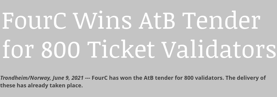 FourC_AS's tweet photo. FourC has won the AtB tender for 800 validators https://t.co/9MW9lXFn9y https://t.co/vAHu7Tq8gM