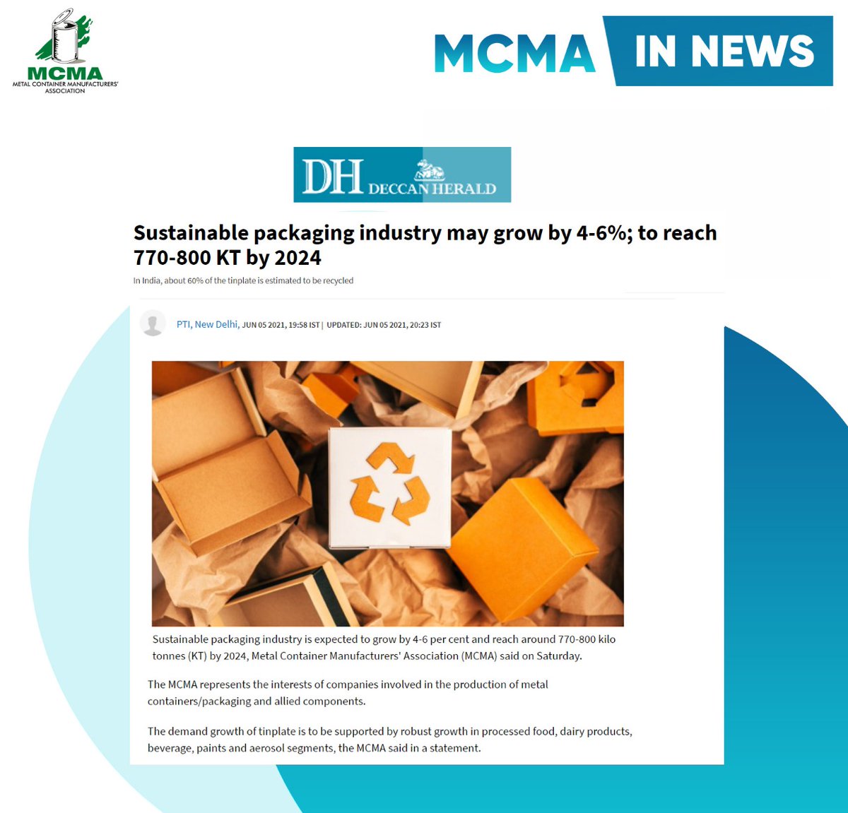MCMA_SPEAKS's tweet photo. A Detailed story on "Sustainable packaging industry may grow by 4-6%; to reach 770-800 KT by 2024" appeared in Deccan Herald.
Read the full Story here : https://t.co/mw185BomPC
@fssaiindia
#Tinplate #Tinfree #TinfreeSteel #MCMA #MetalPackaging #MetalContainers #TinPackaging https://t.co/qDAeMOpsdZ