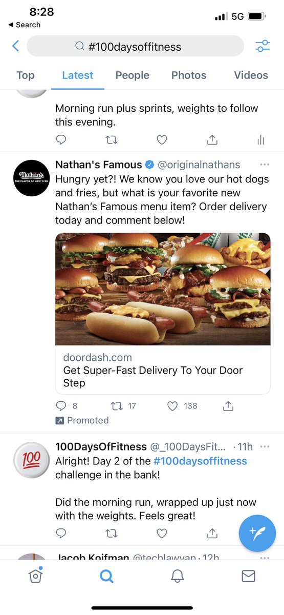 _100DaysFitness's tweet photo. Lol - so this is in my feed.

Is this a bug - sending me hamburgers 🍔 when I’m clearly a fitness feed? Or a feature - in which case the Twitter algorithms are soooo cynical. 👎

 #100daysoffitness https://t.co/kqpe6dOqcX