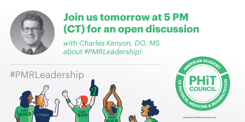 📣 We'll be chatting with <a href="/C_KenyonDO/">Charles Kenyon, DO, MS, CSCS</a> about leadership in #PMR , leadership within #AAPMR , and what is most valuable to know about getting into leadership early in your career tomorrow afternoon at 5 pm (CT). Join us for this open discussion by tagging #PMRLeadership. 😎