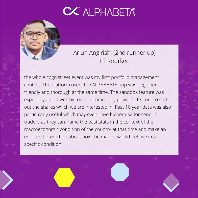 ALPHABETA_INC's tweet photo. Learning via competitions is a good way to inculcate curiosity. 

After a grueling market last month we have the winners from a group of about 200 participants in the IIT Roorkee Cognistreet event.

Congratulations Kishan Kumar, Vignesh, Arjun. 

#learnbydoing #stockmarket #iit https://t.co/pwWOvoe6ms