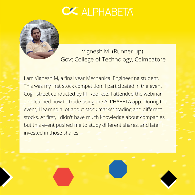 ALPHABETA_INC's tweet photo. Learning via competitions is a good way to inculcate curiosity. 

After a grueling market last month we have the winners from a group of about 200 participants in the IIT Roorkee Cognistreet event.

Congratulations Kishan Kumar, Vignesh, Arjun. 

#learnbydoing #stockmarket #iit https://t.co/pwWOvoe6ms