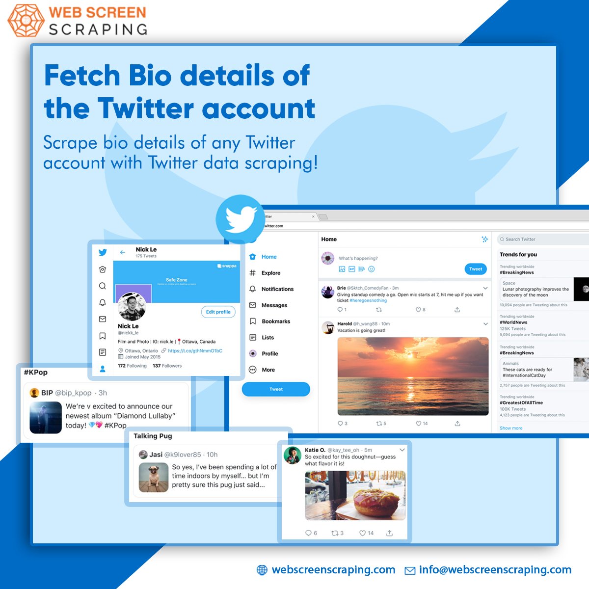 webscreenscrap's tweet image. Twitter Scraping lets you extract tweets, posts, comments, profile data from multiple profiles available on Twitter. You can easily scrape the bio details of any Twitter account also!

webscreenscraping.com/twitter-data-s…

#twitterscraper #twitterposts #twitterdata #usa #canada #uk #australia
