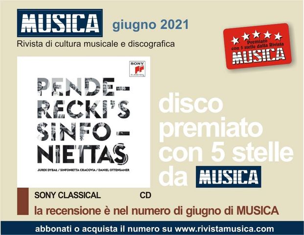 ⭐️⭐️⭐️⭐️⭐️
Płyta Penderecki's Sinfonietta(s) nagrodzona pozytywną recenzją oraz pięcioma gwiazdkami w czerwcowym numerze włoskiego magazynu Musica.
👉 rivistamusica.com