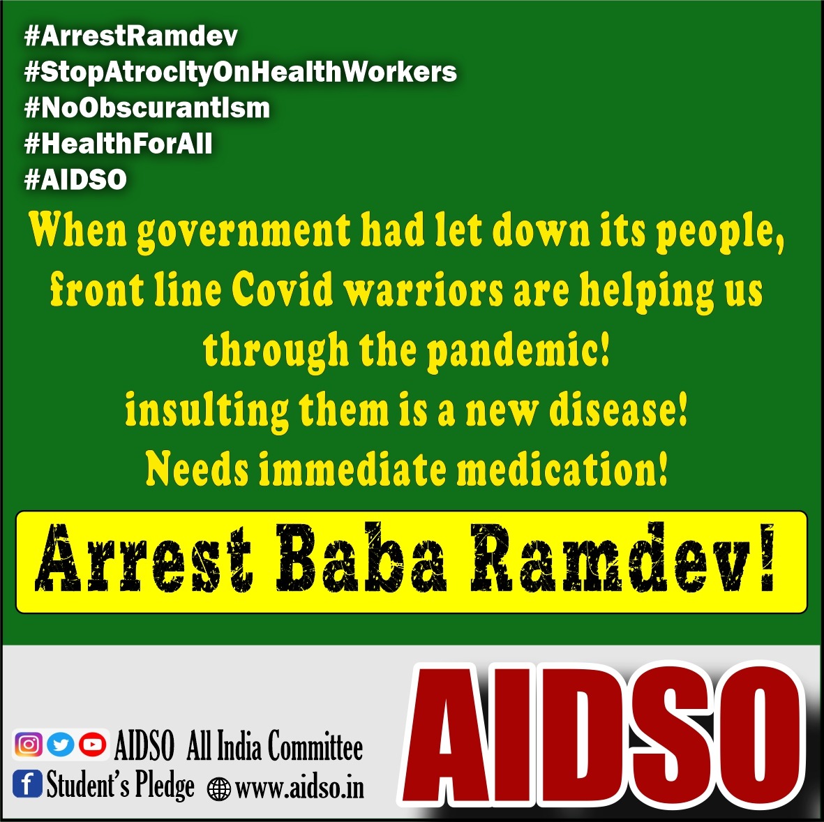 DasPravasish's tweet photo. Inaction of government against Baba Ramdev is condemnable! Government should take the responsibility of the pandemic! This is not the time for blame game! 

#ArrestRamdev
#StopAtrocityOnHealthWorkers https://t.co/OGdifsv267
