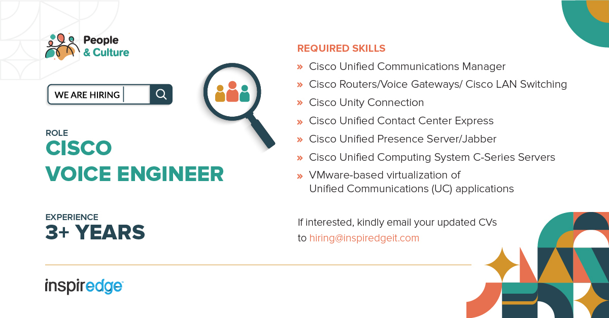 inspiredge's tweet photo. Be a part of the #Inspiredge story!
We are #hiring for the role of Cisco Voice Engineer
Experience: 3+ Years
Check out the qualifications and #EasyApply on LinkedIn: https://t.co/oSzhsr2G8Z or send us a copy of your resume at hiring@inspiredgeit.com. #JobOpenings #CiscoEngineer https://t.co/w7prQjOk9X