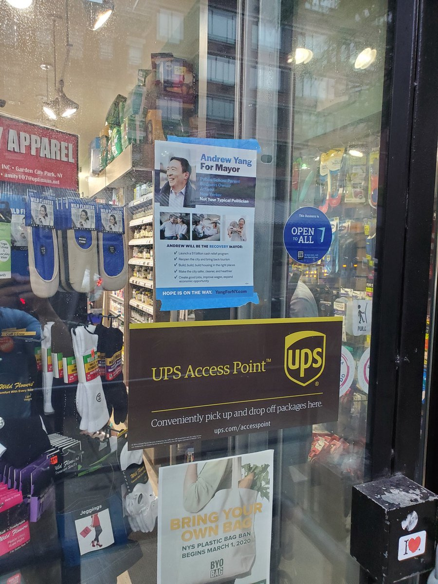 klavier777's tweet photo. The momentum is growing! Put up signs during our Hell's Kitchen business walk today. Many shops were happy to post flyers. Even if the boss didn't let us post, many workers in the store said they're voting for @AndrewYang #VoteForYang #YangForNY https://t.co/pkeE9wuqdT
