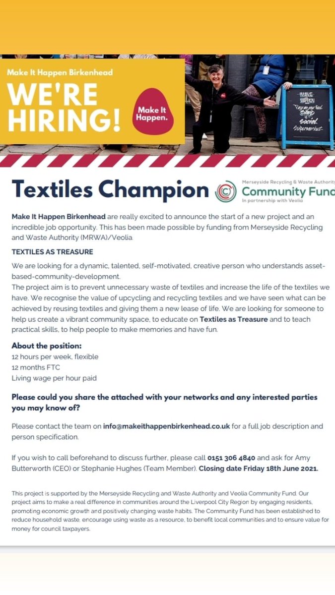An incredible job opportunity !
We are looking for someone with a passion for recycling textiles and being creative.
Call Amy or Steph on 0151 306 4840 for further information.
#textiles 
#community 
#recycling