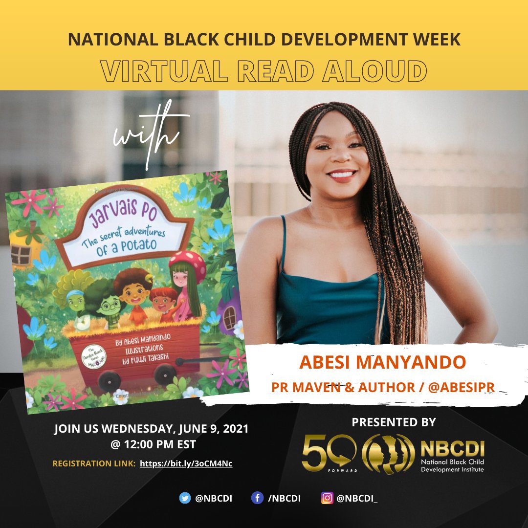 NBCDI's tweet image. Join us today for a read-aloud with children book author @AbesiPR. You’re sure to enjoy her ground-breaking book, Jarvais Po: The Secret Adventures of a Potato, which teaches lessons of representation &amp;amp; culture for brilliant young minds. Register: bit.ly/3oCM4Nc