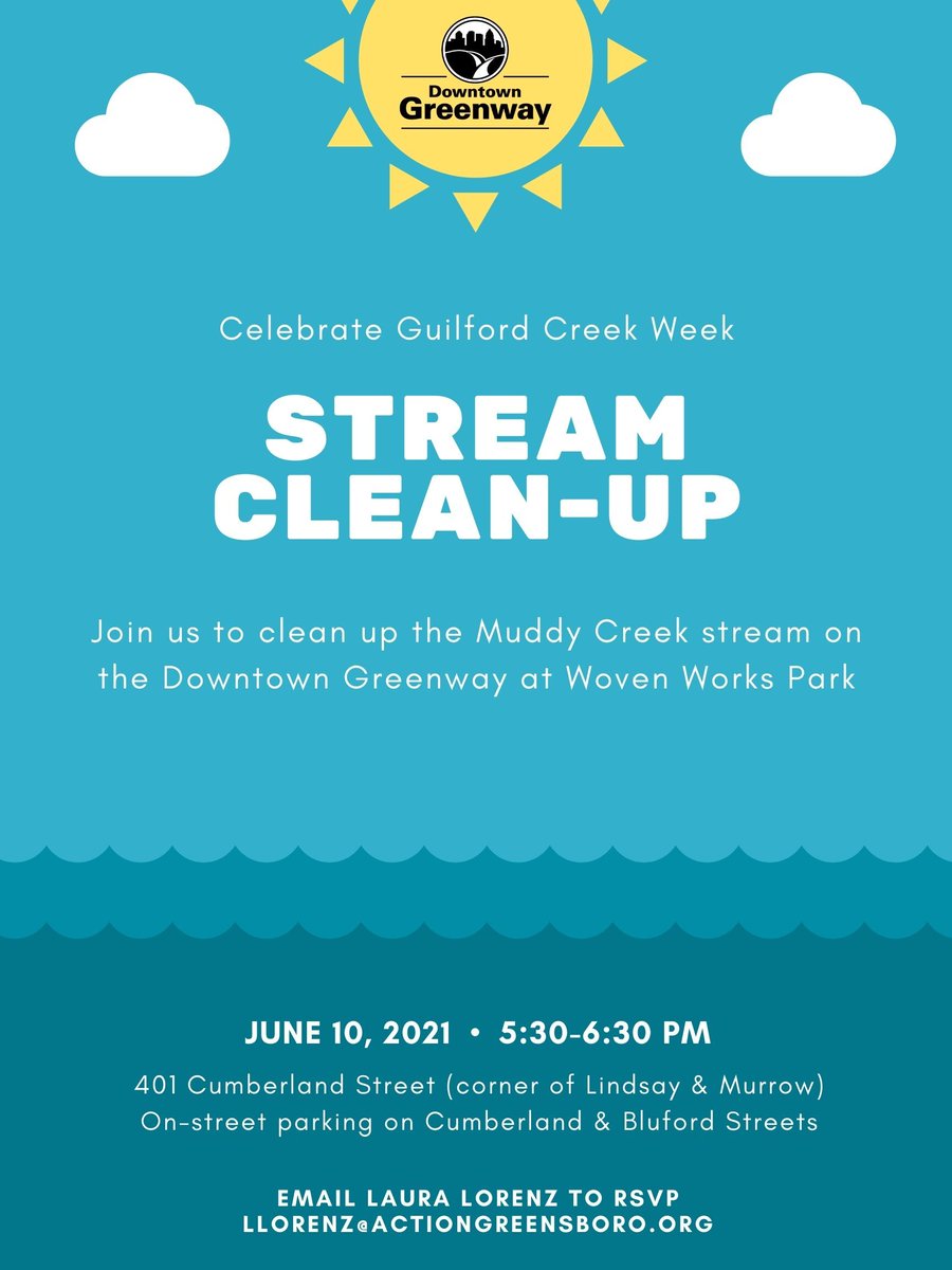 DowntwnGreenway's tweet photo. Join us TOMORROW to clean up the Muddy Creek stream on Downtown Greenway during Guilford Creek Week! 
Woven Works Park
5:30-6:30p
401 Cumberland St (corner of Lindsay &amp; Murrow)
On-street parking on Cumberland &amp; Bluford Sts
Email llorenz@actiongreensboro.org to sign up.
#GSOgreen https://t.co/0UFTjSiNHW