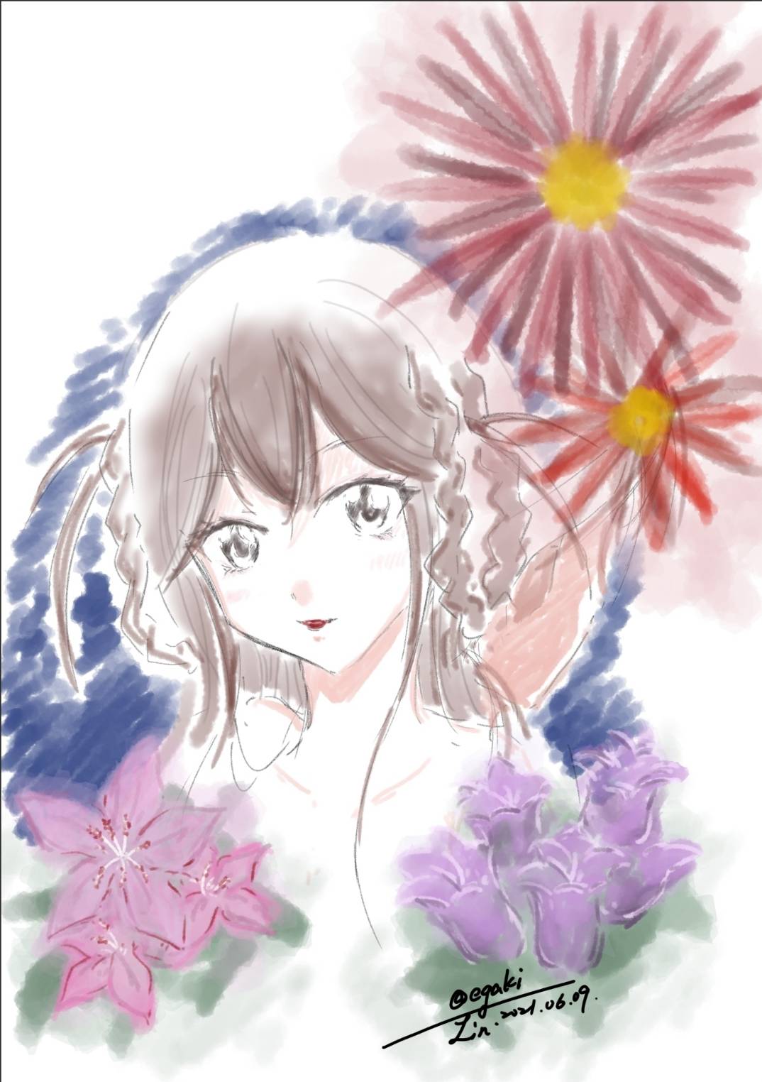 Lin Milla Egaki 花言葉 感謝 赤いカーベラ X笑顔 カルミア X挑戦 紫の風鈴草 デジタル 水彩風 アナログ 素材 人物 筆ペン パステル 白インク 花 切り紙 白インク 計算中イラスト募集 ナナニジ 立川絢香 T Co Qm23ingule