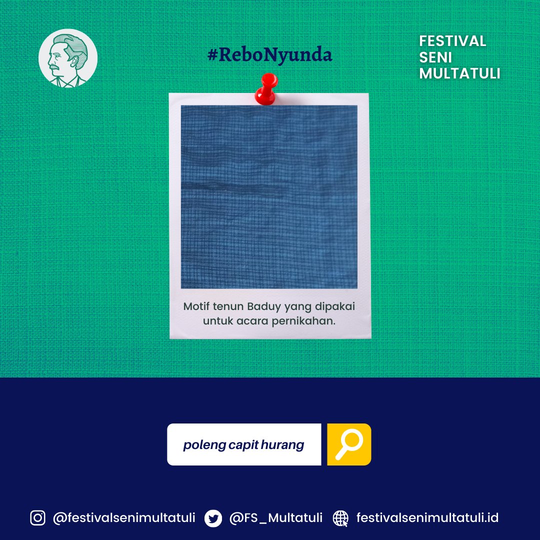 FS_Multatuli's tweet photo. -
Β°
Halo Sobat Multatulian. Ikut #ReboNyunda yuk bareng #Mintul
"Poleng capit hurang" merupakan nama motif tenun Baduy yang dipakai untuk pernikahan masyarakat adat Baduy. Warnanya hitam, hijau, dan biru, dengan pola kotak-kotak kecil (bisa dipakai laki-laki dan perempuan). https://t.co/8fUHtg4i24