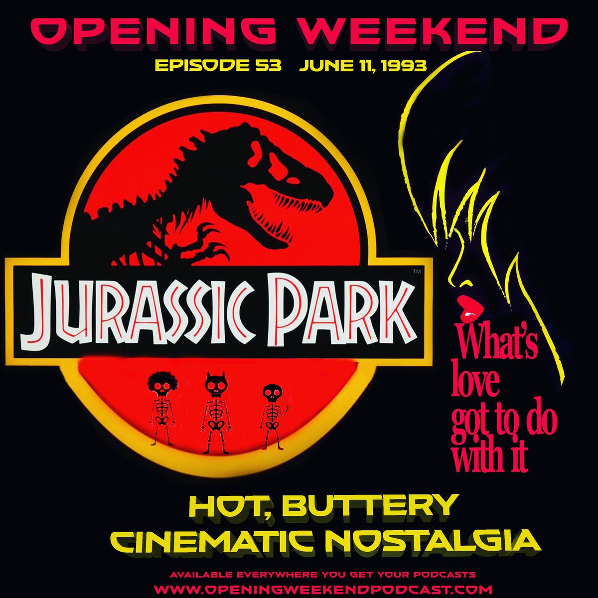 It’s 6/11/93 & vicious dinosaurs once again roam the earth: The Tyrannosaurus Rex! The Velociraptor! The Ike Turner! It’s #JURASSICPARK and the #TinaTurner biopic #WHATSLOVEGOTTODOWITHIT. Hold onto your butts, it’s Episode 53 of @Opening_Weekend bit.ly/3g3dQ30