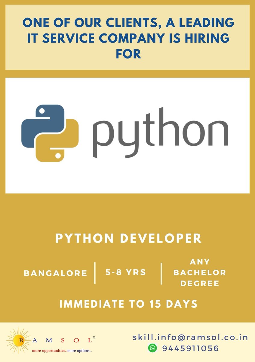 ramsolcorp's tweet image. Hiring for #Pythondeveloper #developer #pythondeveloperjobs #jobs #DeveloperJobs
#recruiting #career #hiring #jobseekers #jobsearch #interview #interviewtips #interviewpreparation #interviewsuggestions #interviewanalysis #job
youtu.be/qlBizSLoPGg