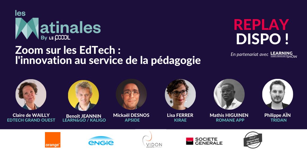 REPLAY #MatinalesLePoool 🎬 | Zoom sur les #EdTech : l'#innovation au service de la pédagogie !
Avec les interventions de <a href="/EdTechGrdOuest/">EdTech Grand Ouest</a> <a href="/LearnandgoFR/">Learn&Go</a> <a href="/kiraelearning/">Kirae 👾</a> <a href="/ApsideGroupe/">Apside Groupe</a> <a href="/Tridan_test/">Tridan</a> et Romane App 🤩
A voir ou à revoir absolument 👉 vimeo.com/560428654
