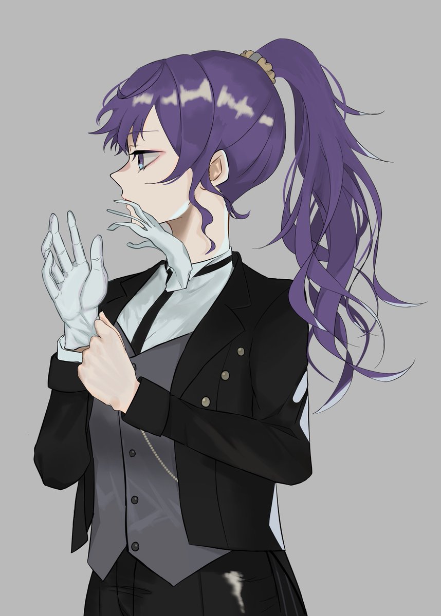 1girl gloves purple hair adjusting gloves solo ponytail formal  illustration images
