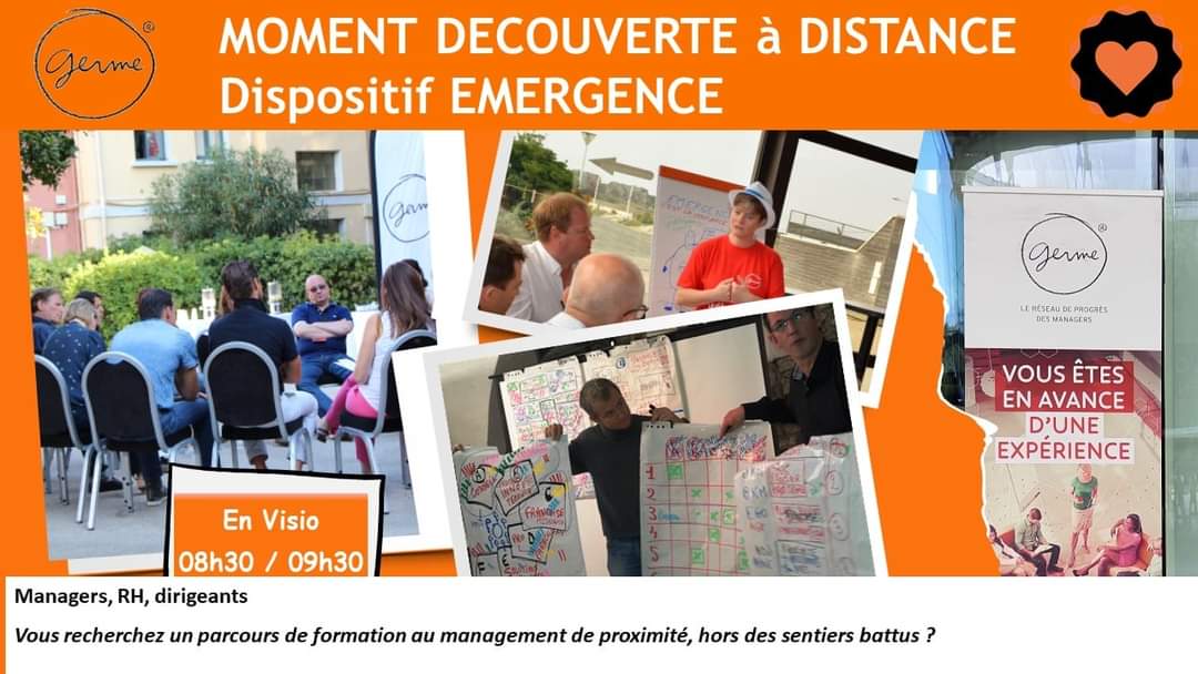 Managers, RH, 
Pour découvrir un parcours de formation au management innovant RDV le 11 juin de 8h30 à 9h29,  pour partage et présentation du dispositif  Emergence du reseau Germe
Petit groupe et 59 minutes 🕐 
Pour s’inscrire, cliquer ici : lnkd.in/dFQJg9U