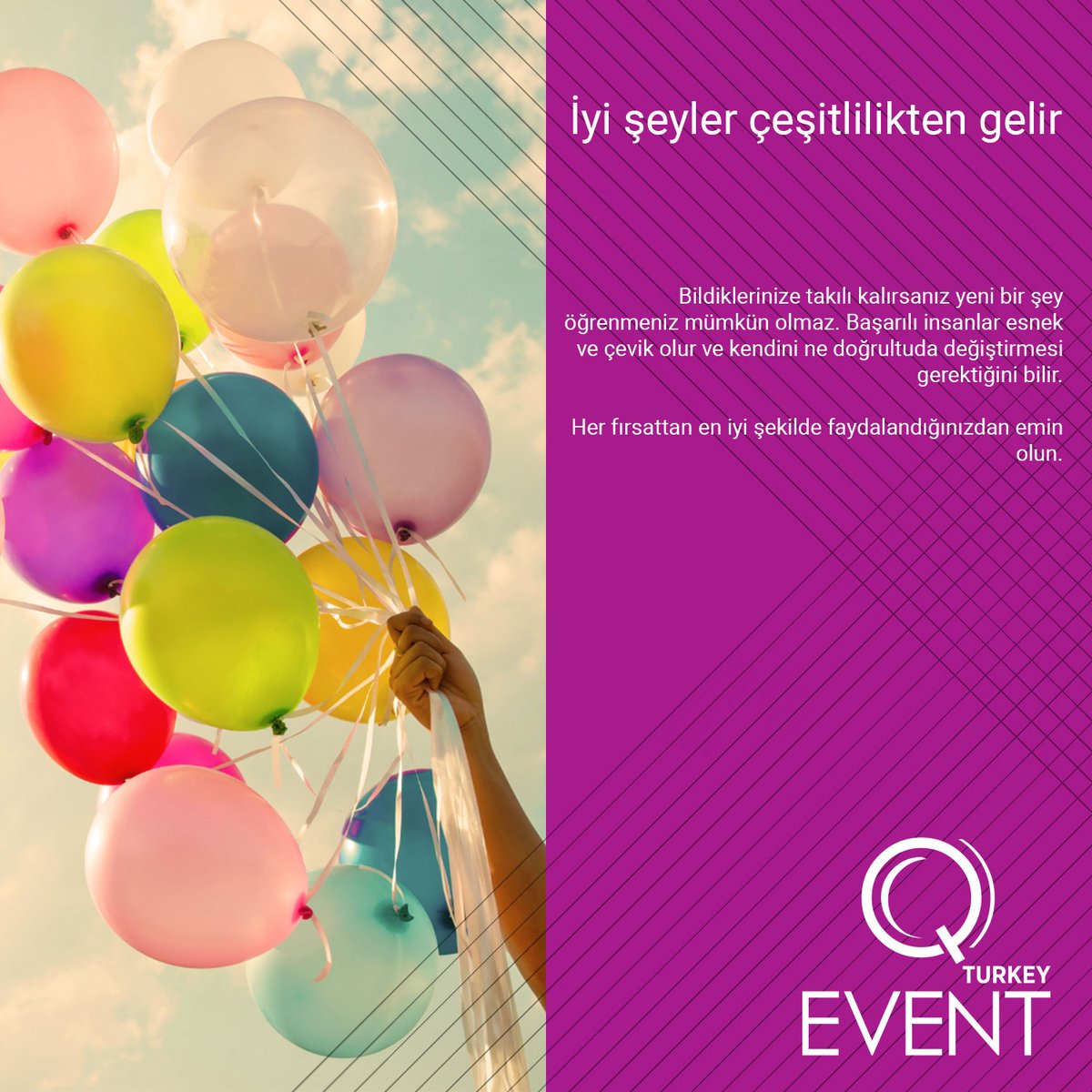 qeventturkey's tweet photo. İyi şeyler çeşitlilikten gelir.

Bildiklerinize takılı kalırsanız yeni bir şey öğrenmeniz mümkün olmaz. Başarılı insanlar esnek ve çevik olur ve kendini ne doğrultuda değiştirmesi gerektiğini bilir. https://t.co/Rh4askKCMN