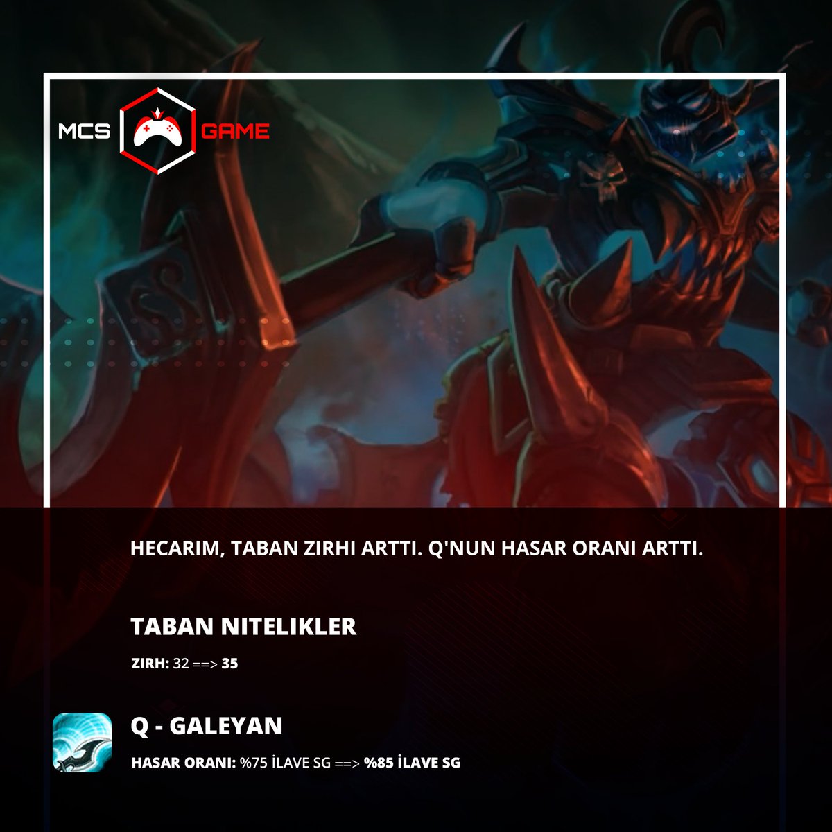 MCSGameTR's tweet photo. League Of Legends 11.2 Yama Notları 

#Rammus, W'nun taban ilave zırhı arttı. R'nin bekleme süresi azaldı.

#Hecarim, Taban zırhı arttı. Q'nun hasar oranı arttı.

#Aphelios, Taban büyü direnci ve saldırı gücü büyüme oranı arttı.

#İllaoi, Taban mana büyüme oranı arttı. https://t.co/CkF4a7rjpm