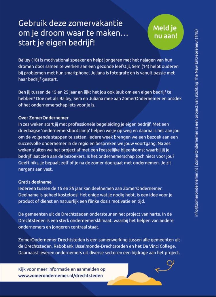 SmartDeltaDS's tweet photo. Ken jij jongeren die kennis willen maken met het ondernemerschap en een eigen bedrijf willen starten? Zij kunnen zich nog aanmelden voor Zomerondernemer #Drechtsteden. Een mooi project dat het ondernemersklimaat in de regio #Drechtsteden versterkt!

👉https://t.co/1FI1J3kqPc https://t.co/2jFXZHxzYx