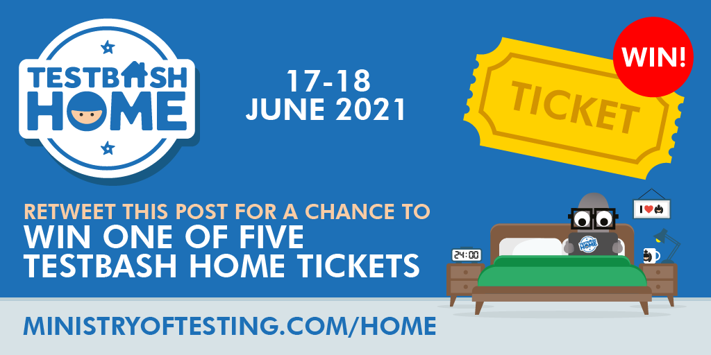 ministryoftest's tweet photo. We are giving away 5 tickets on Twitter for #TestBash Home.   

To be in with a chance of winning a ticket you need to retweet this tweet. 

You have until 3pm (UK Time) 10th June https://t.co/wgDd8yW2cu