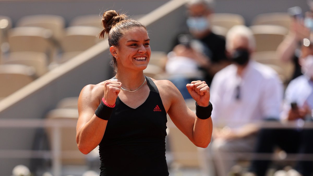 Maria Sakkari of Greece reacts after victory in her Ladies Singles Quarter-Final match against Iga Swiatek of Poland on Day Eleven of the 2021 French Open at Roland Garros on June 09, 2021 in Paris, France.