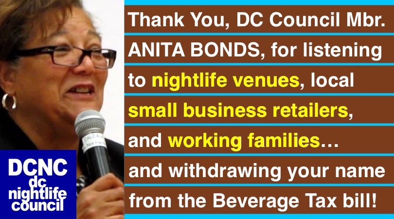 Thank You...
DC Council Mbr <a href="/AnitaBondsDC/">Anita Bonds</a> for listening to #DCnightlife, small business retailers, and working families...
...and withdrawing your name from a proposed Beverage Tax.

>DC Nightlife Council (DCNC) on tax bill:
bit.ly/3i7nbYO

#NoBeverageTax #JustRecoveryDC