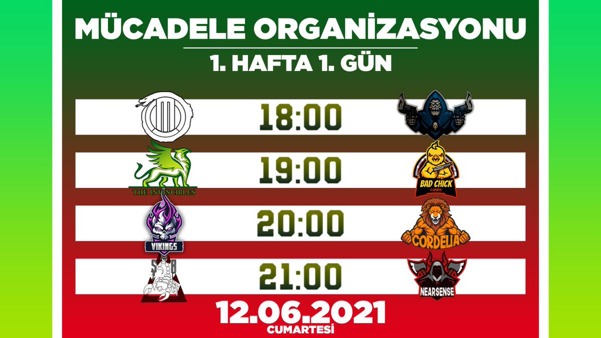 💢Mücadele Başlıyor! İşte 1. Hafta 1. Gün Maçları 👇

💥<a href="/mambagaming/">Mamba Gaming Center</a> 🆚 <a href="/teamruling2021/">Ruling Team</a> 
💥<a href="/Thelnvincibles/">The Invincibles</a> 🆚 <a href="/BadChickEsports/">Bad Chick Esports</a> 
💥<a href="/VikingsxEsport/">Vikings Esports</a> 🆚 <a href="/cordeliagaming/">Cordelia</a> 
💥<a href="/RidersScorpion/">Scorpion Riders</a> 🆚 <a href="/NearSenseEspor/">Near Sense</a> 

🗓️ 12 Haziran Cumartesi
⏰18.00
📺twitch.tv/mucadele