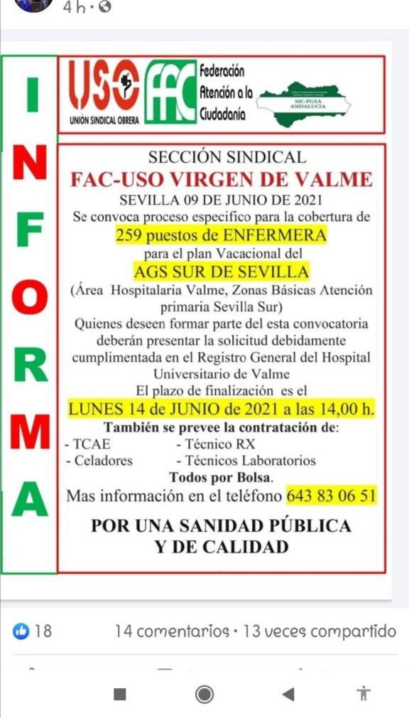 Ay_kharmela's tweet photo. Si hay una bolsa de contratación en todas las categorías qué explicación tiene esto? Estamos hartos de la falta de transparencia y rigor de sindicatos y administraciones. Qué está haciendo el Área de Gestión Sanitaria Sur? Los contratos de cobertura vacacional por bolsa ya! https://t.co/DS3VsnK2jo