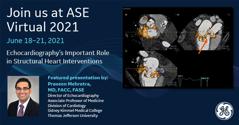 Our #ASE2021 virtual booth features a Technology Showcase presentation on echo in structural heart interventions from Dr. Praveen Mehrotra (<a href="/praveen520/">Praveen Mehrotra, MD</a>), from Thomas Jefferson University. Watch on-demand in the @GEHealthcare virtual booth. #cardiotwitter <a href="/ASE360/">American Society of Echocardiography</a>