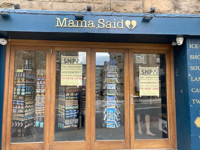 7Stirling's tweet image. All along the Royal Mile today. Hopefully Sturgeon, Forbes et al saw the posters when they wafted past in their £100,000 Teslas.
