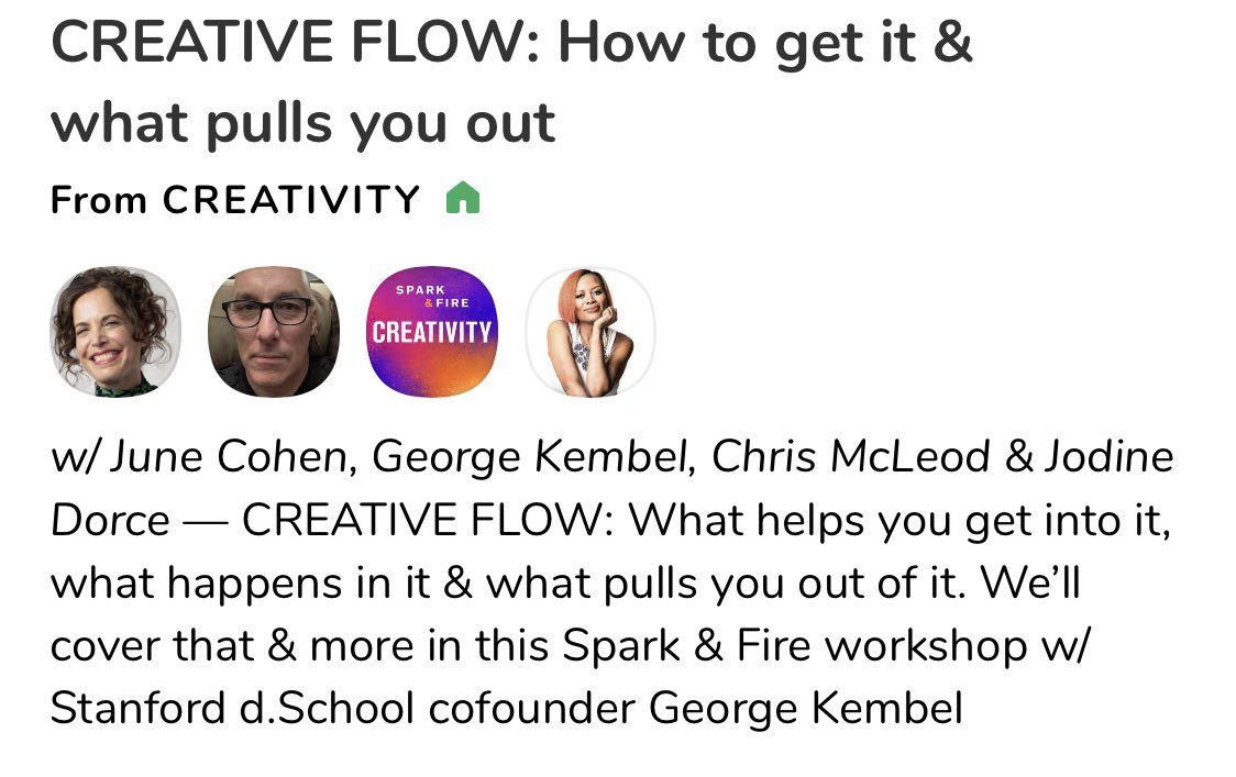The week’s most joyful hour! Join me, <a href="/gakembel/">George Kembel</a> &amp; our creative community from <a href="/SparkandFirePod/">Spark & Fire: Fuel Your Creativity</a> to think out loud about creative flow — how you get it, what happens in it, what pulls you out &amp; how to recover. On <a href="/Clubhouse/">Clubhouse</a> today at 4:00 ET clubhouse.com/event/Pbg9awkB