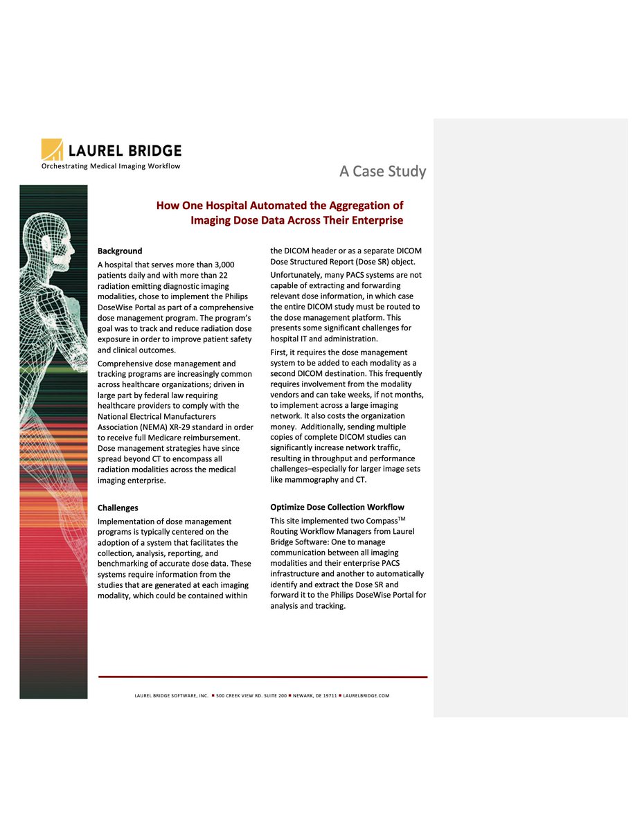 LaurelBridge's tweet image. New customer case study! Learn how a medium-size hospital leveraged our Compass™ Routing Workflow Manager to enhance their #dosemanagement system workflow  ow.ly/S5jP50F4wT2 
#digitalhealth #imaging #MedicalImaging #healthcare #imaging #radiology #healthIT