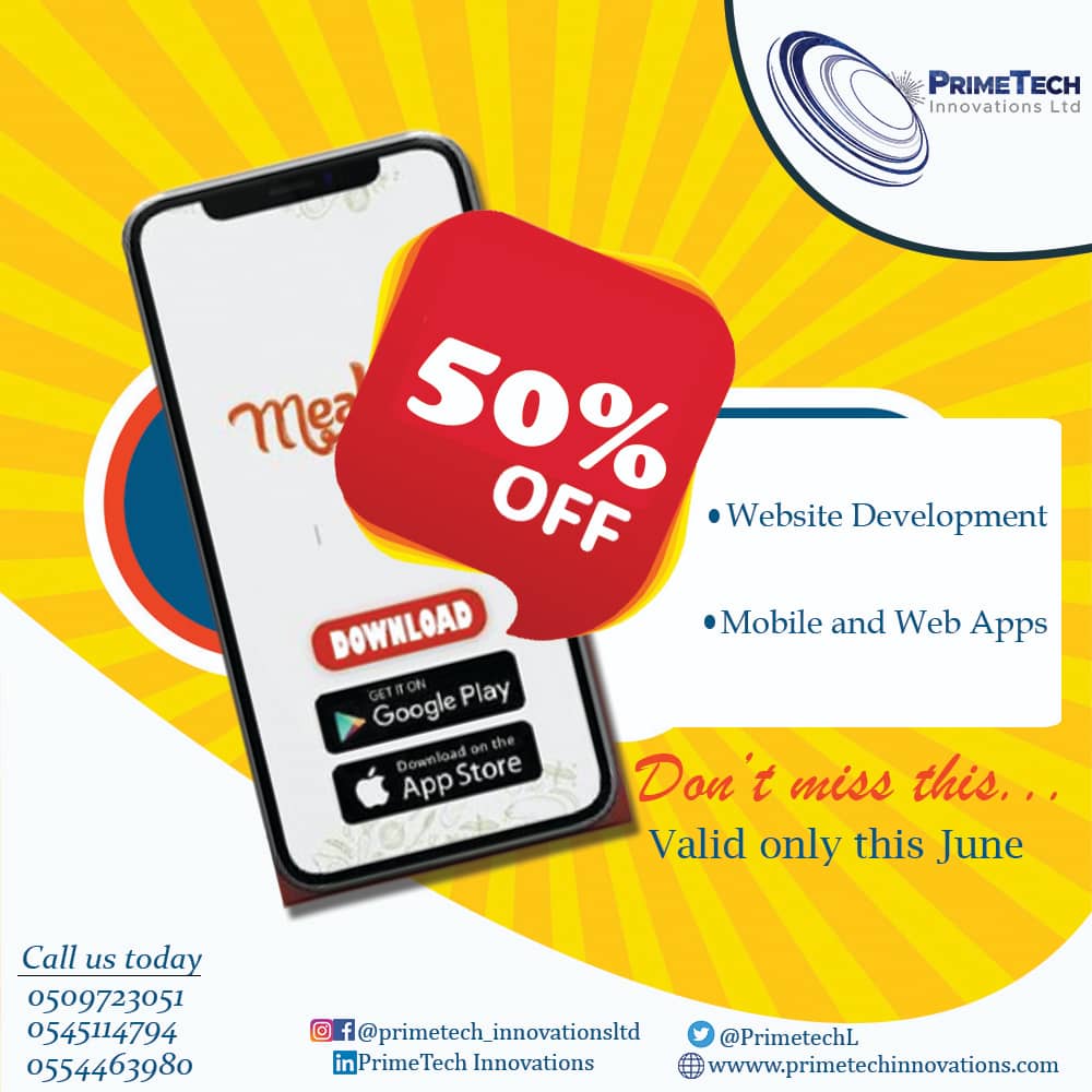 PrimetechL's tweet photo. Hello business owners. As part of our anniversary celebration we offer you this amazing deal. 50% discount valid ONLY for this June.
#Retweet #techservices #websitemaintenance #mobileapp #websitedesign #socialmediamanager #FixTheCountryGhana https://t.co/J6w8MYE0I4