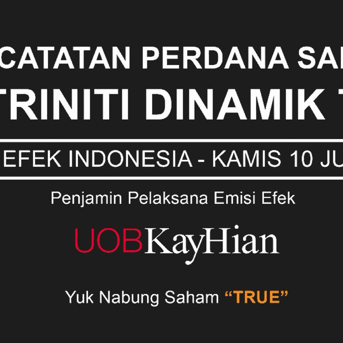 trinitidinamik's tweet photo. PT Triniti Dinamik Tbk officially listed on Indonesia Stock Exchange. Stock Code TRUE

Tomorrow at 08:45 AM in Indonesia Stock Exchange YouTube Channel.

#TRUE #TDTRUEthemoon https://t.co/22T7QtcA4L