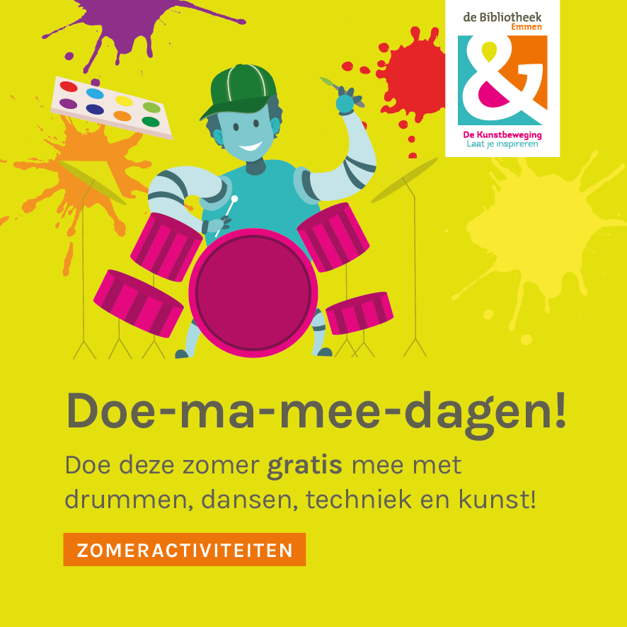 EmmenGilde's tweet photo. De Kunstbeweging en de Bibliotheek Emmen organiseren gratis workshops voor basisschoolleerlingen in de zomervakantie: drummen, dans, kunst en techniek! Het programma en aanmeldformulier vind je hier https://t.co/42UqzuNuUR
Meld je kind snel aan, vol=vol! https://t.co/VVKcBYgP30