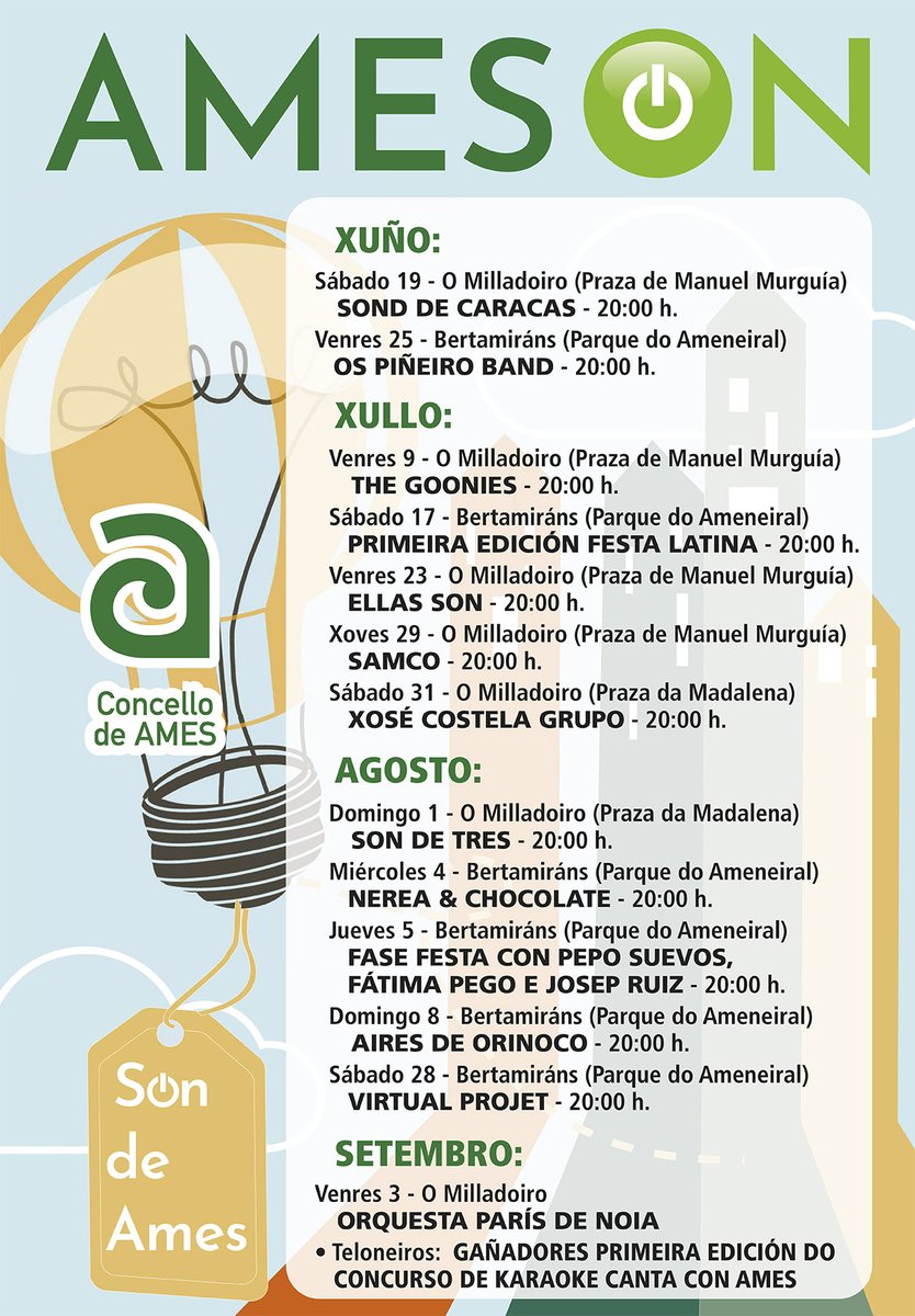 concellodeames's tweet photo. AMES ON | Todo listo para unha nova edición que comeza o 19 #xuño!
🎵Serán 13 actuacións para alegrar con música os meses de verán, que xa vai tocando!😍
Orquestas, bandas, solistas... e unha festa latina dedicada a Cuba.
Todos os detalles, no programa: https://t.co/0nHWPKcVAh https://t.co/9CRUFdaCjx
