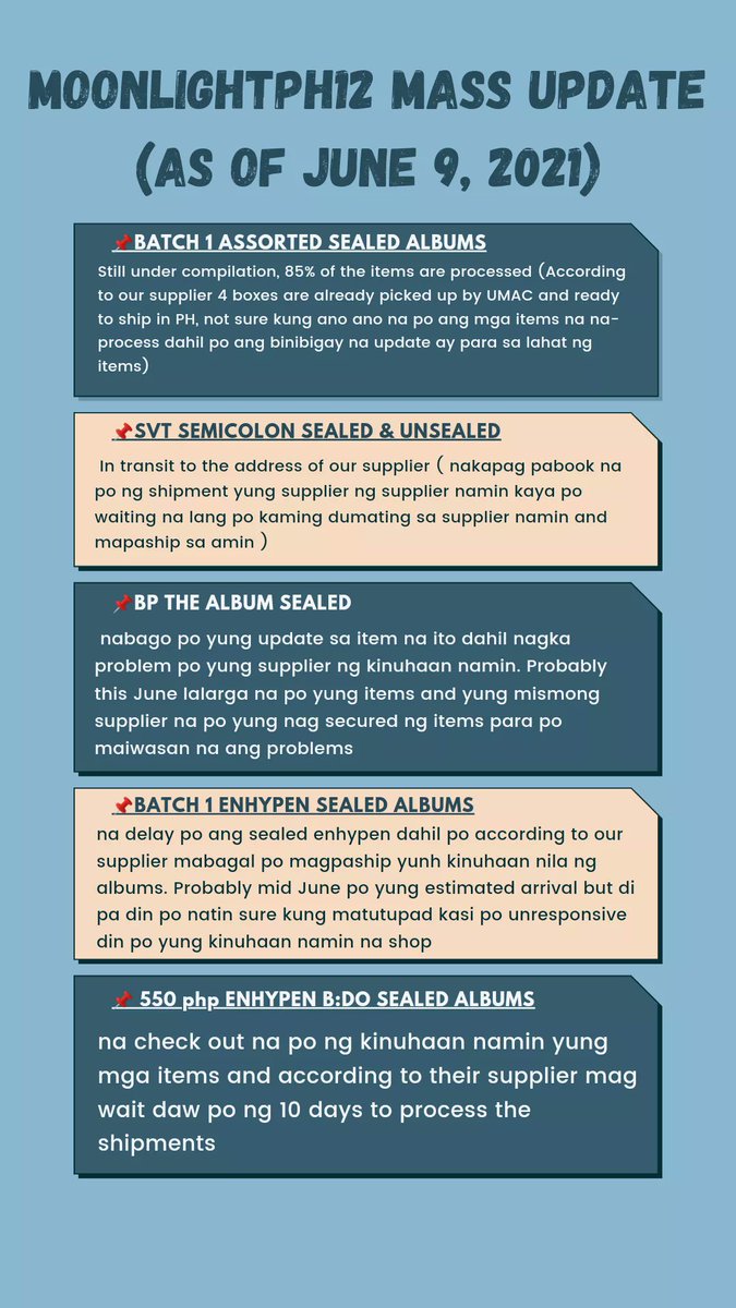 moonlightphcart's tweet photo. Good evening Mooningning's as of June 9, 2021 ito po ang mga new updates na nakalap namin for all the items po may mga konting pag usad po ang mga items😊 Pasensya na po ulit for the delays. Kindly read our update and dm us for more informations. Thank you🤗🥰 https://t.co/dxGdgUr1Ue