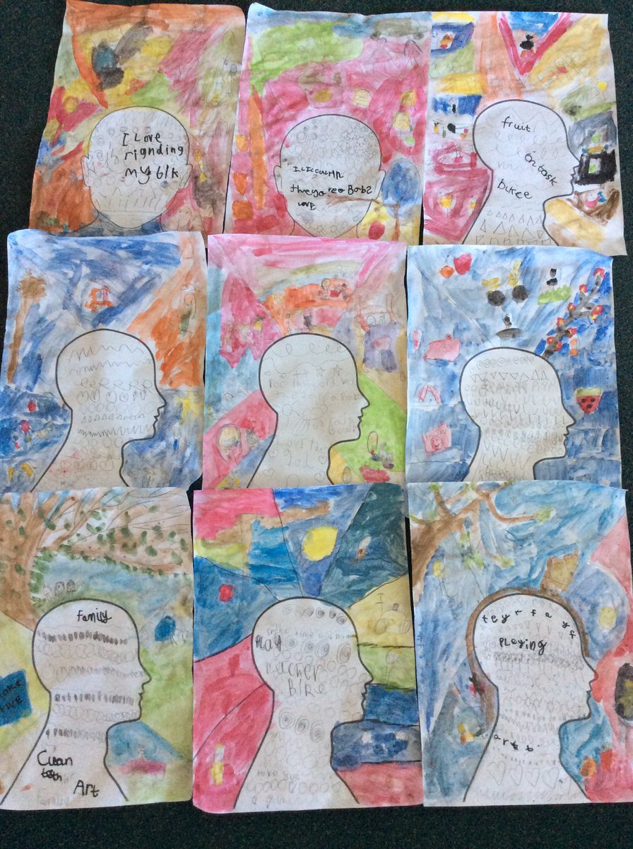 HTAClassGrim's tweet photo. Today in Art we have been thinking about all the things which help us to have a healthy body and mind. We painted all of the things that help us, around our head shape.#HTAFrancis #HTAART #HTAHealthyweek https://t.co/B4Ut3DqGR6