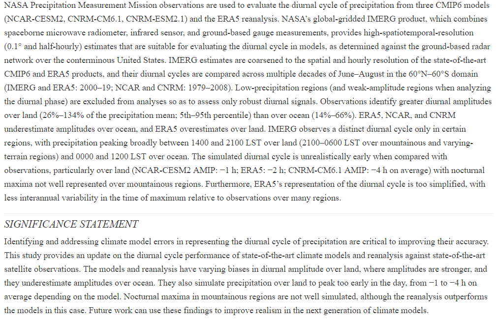 AMSPublications's tweet photo. @DanielCWatters, Alessandro Battaglia, and @rpallanuk. "The Diurnal Cycle of Precipitation according to Multiple Decades of Global Satellite Observations, Three CMIP6 Models, and the ECMWF Reanalysis", #JClimate 34, 12 (2021): 5063-5080, https://t.co/zpyYUa3kt8 https://t.co/1dF9QIE2aQ