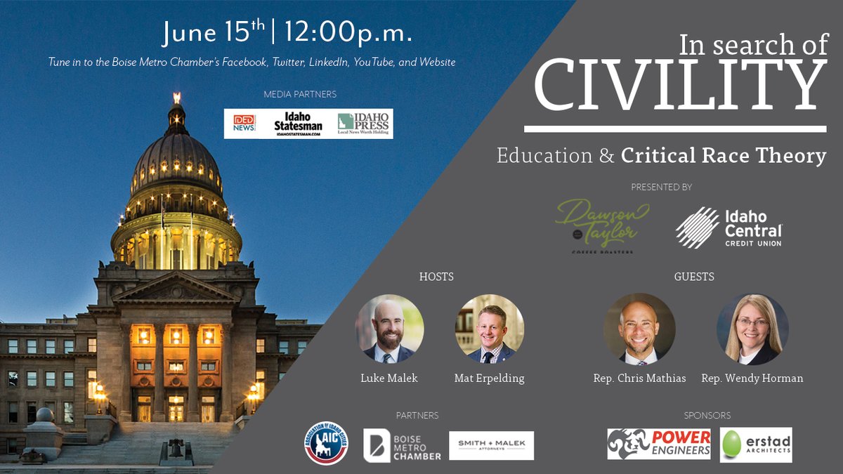 smith_malek's tweet photo. Mark your calendar: next Tuesday, June 15, at 12 p.m. MST Part Six of the live-streamed series In Search of Civility goes live.  

Tune in to the live-stream on the @BoiseChamber Facebook and YouTube. https://t.co/vXr91b6v8K