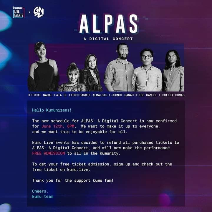 Kevin_Pableo's tweet photo. Spend your weekend with 6 iconic singers as Alpas: A Digital Concert happening this Saturday night (6pm) via Kumu Live.

Register to https://t.co/2Un7cVAfL5 today and get your tickets to the show for free!

Presented by @GabiNaNamanProd &amp; @kumuPH 
#2021ManilaConcerts
#AlpasPH https://t.co/g0QIwJ80gf