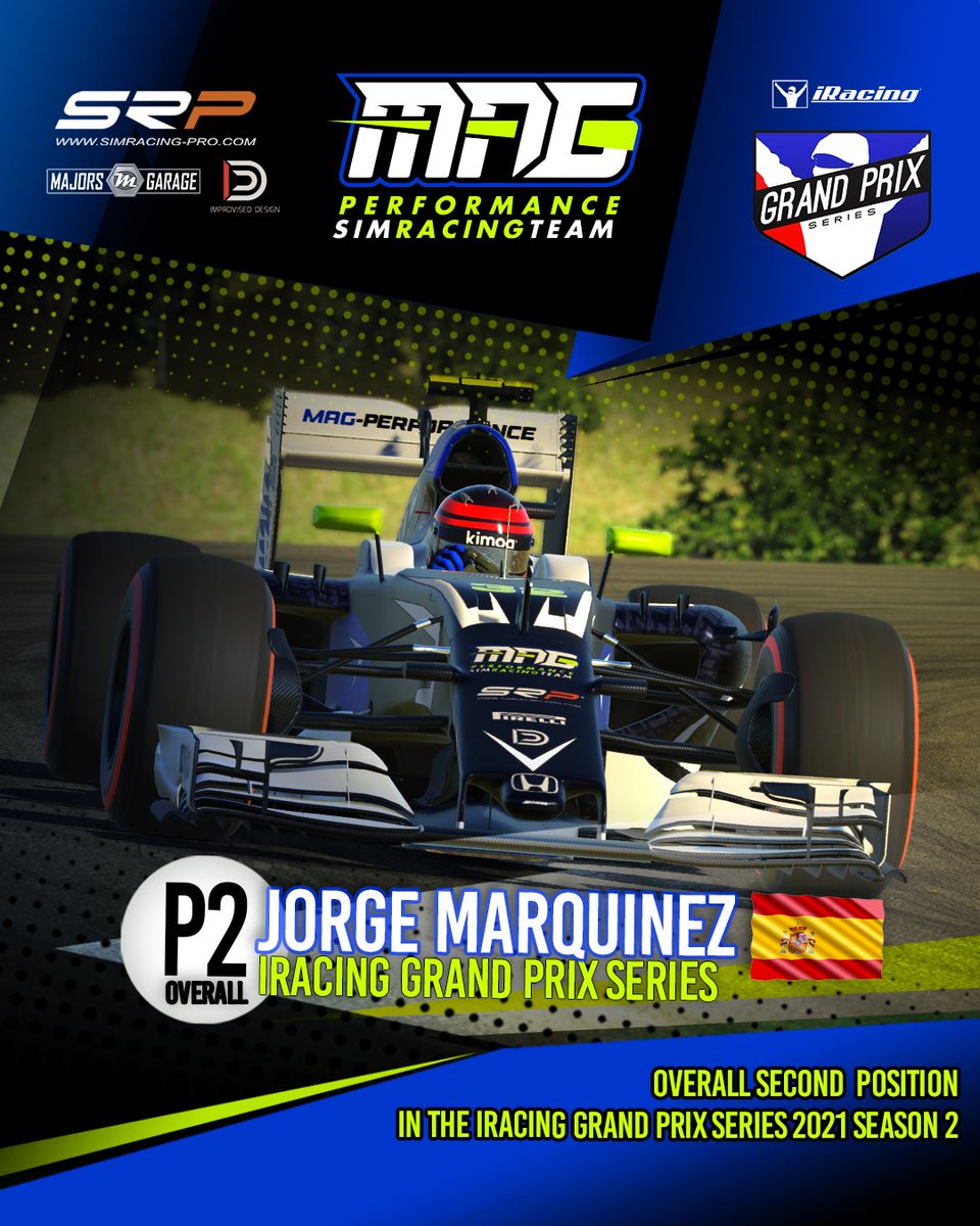 Congratulations to 🇪🇸 <a href="/jmarq10/">Jorge M</a> 🇪🇸 
For the Overall Second Position 🏆 in the iRacing Grand Prix Series 2021 Season 2!!!!
Sponsor by: 
@byimprov 
<a href="/GarageMajors/">Majors Garage</a> 
<a href="/SRPsimracingpro/">SRP SimRacing-Pro.com</a> 
#GrandPrixSeries #season2021 #overall #podio #win #cars #f1 #gtsport #esport #projectcars #simracing