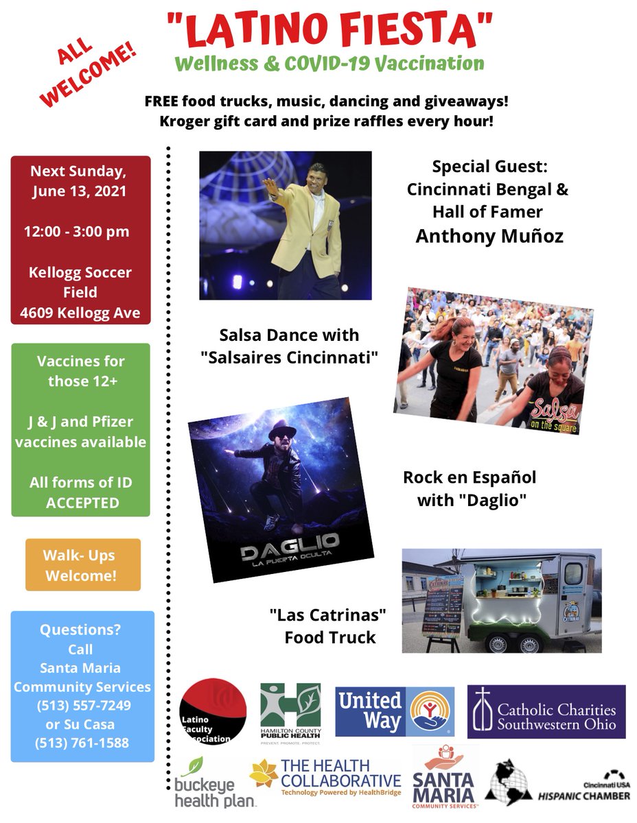UC_LFA's tweet image. Join us at the Latino Fiesta this Sunday 6-13 at the Kellogg Soccer Fields 🎉

🎉 Special Guest: @Bengals Hall of Famer Anthony Munoz
🎉 Live Music by Daglio
🎉 Salsa dancing 
🎉 Giveaways (including six bikes!) 
🎉 Tacos 🌮🌮
🎉 Vaccines ❤️❤️

FREE event. Everyone is welcome!!